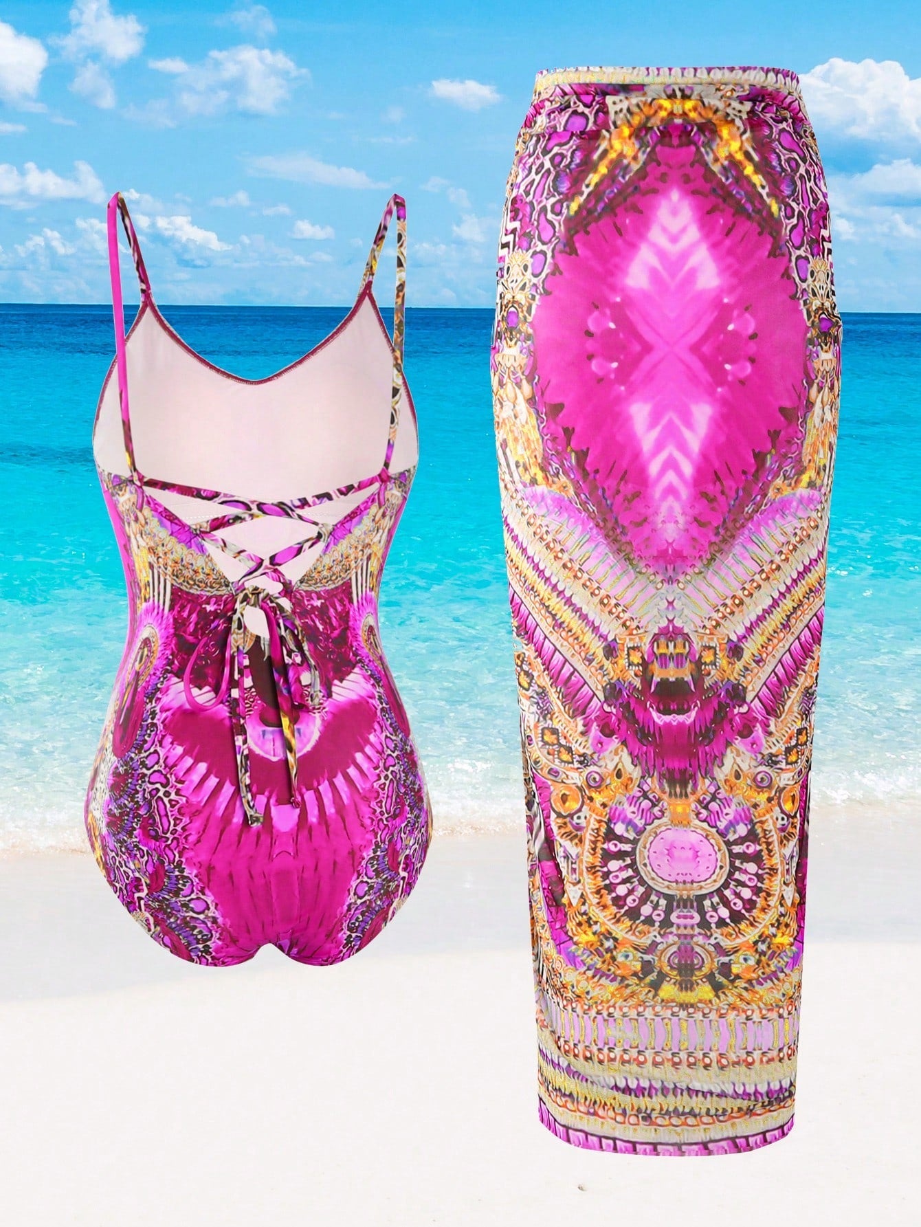 Maiô com saída de praia feminino e estampado Adriely