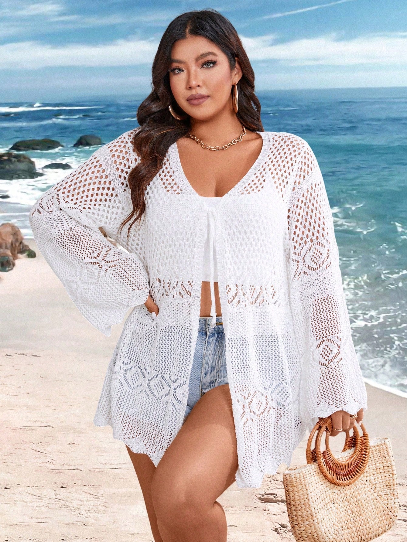 Cardigan Feminina de Praia Vazada com Amarração Frontal - Liana