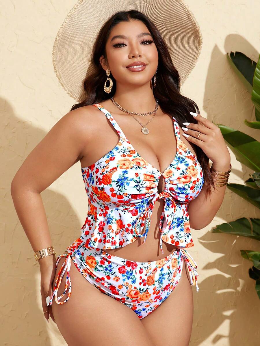 Tankini Feminino com Babado no Busto, Amarração Lateral, Fenda