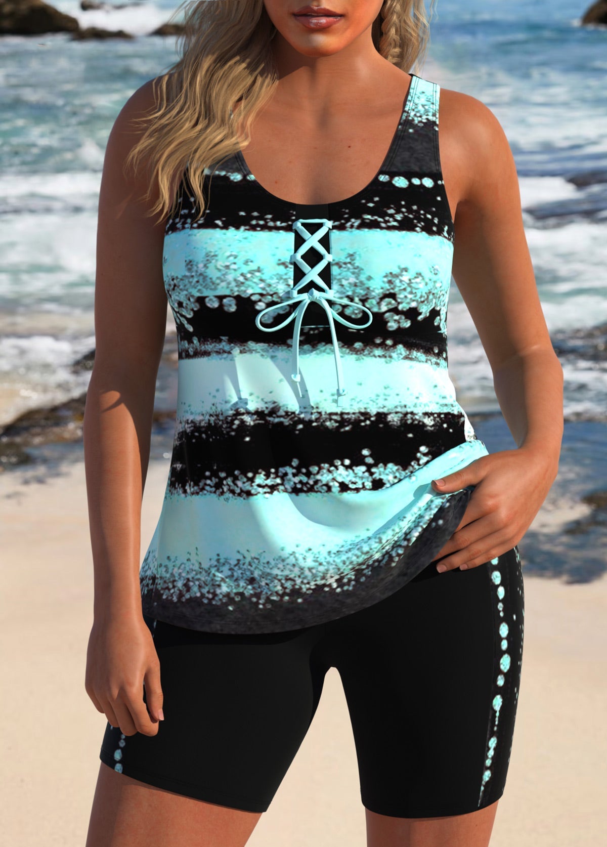 Tankíni Estampado Com Amarração Frontal E Bermuda Fitness