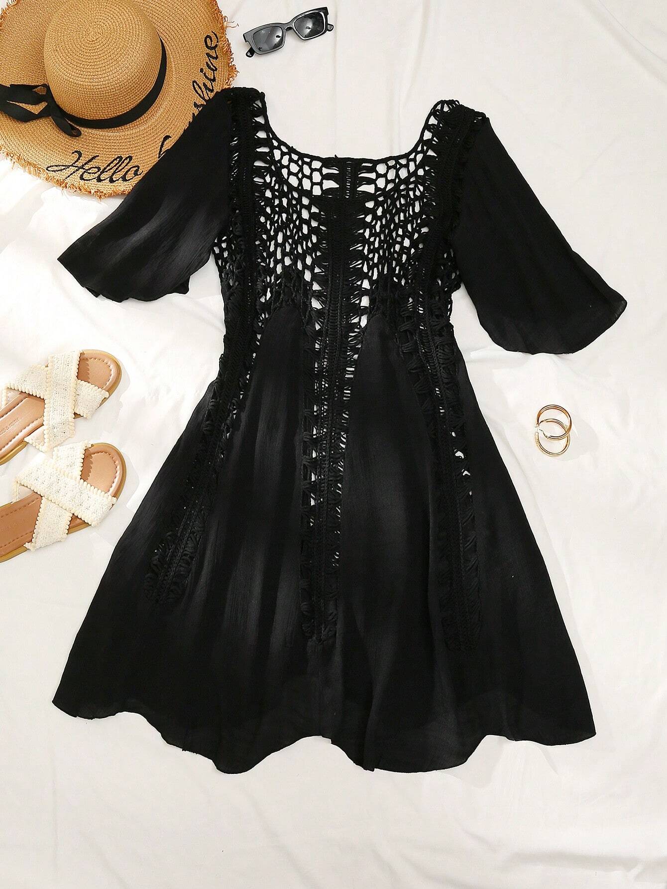 Vestido de Cobertura Feminino com Inserções em Crochê e Mangas Fluidas - Beatriz